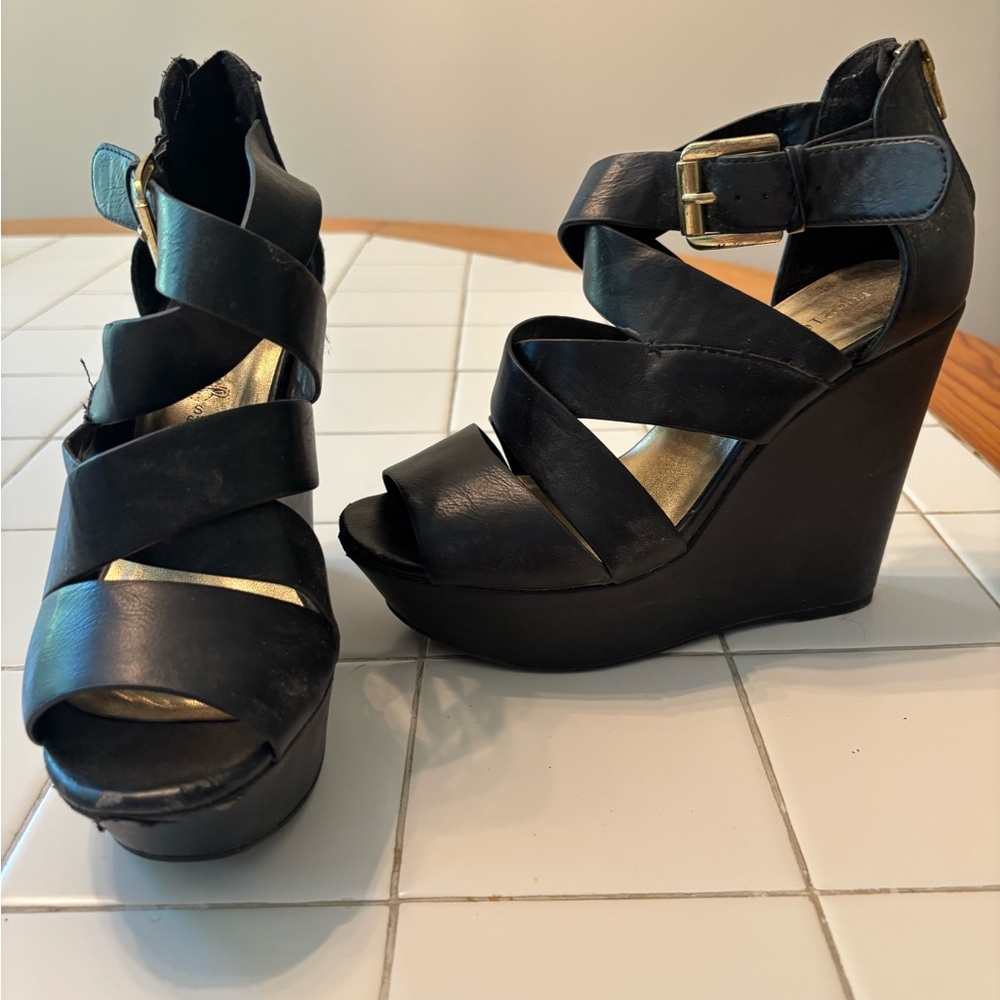 Women’s Black Strappy Wedge Sandals heels travel party casual sport work dance